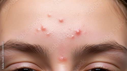 Detailed view of a person's forehead experiencing significant acne breakouts, with noticeable inflamed pimples and whiteheads, representing a prevalent skin condition and cosmetic concern