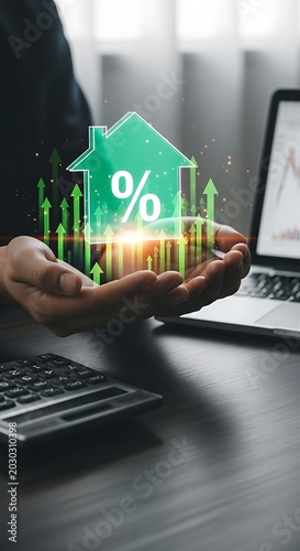 Real estate investment growth concept with hands holding house and percentage sign