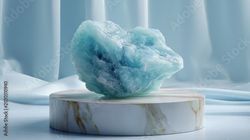 Raw light blue mineral specimen rests upon a polished cylindrical pedestal against soft draped fabric