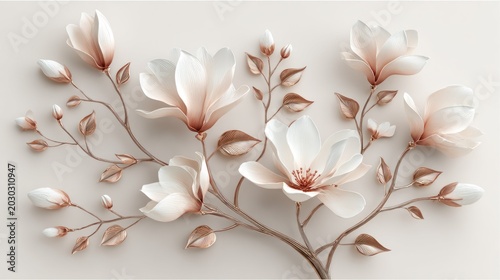 Elegant light colored blossoms and buds emerge from delicate branches against a muted background