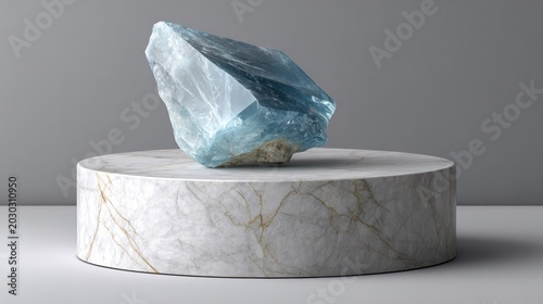 Translucent blue mineral specimen rests atop a cylindrical pedestal made of veined stone