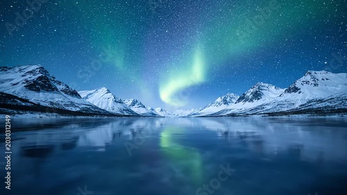 Stunning aurora borealis displaying over snow capped mountains and lake