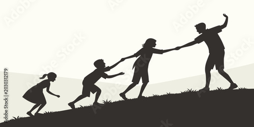 Canvas Print Family helping each other climb up a hill silhouette with climbing silhouette ch