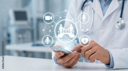 Professional medical doctor smartphone device displaying digital telemedicine interface for remote online healthcare consultation and virtual patient connection service