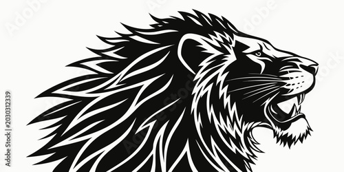 Photos Stylized black and white vector art of a fierce roaring lion head with predator