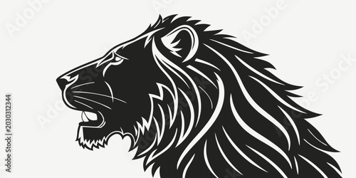 Tableau sur toile Stylized black and white vector profile portrait of a roaring lion with predator