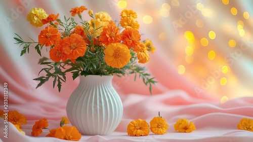 Vibrant marigold flowers in a white ribbed vase on pink silk with warm bokeh lights, cozy, festive, and romantic atmosphere, Mother's Day, celebrations, interior design, greeting card content.