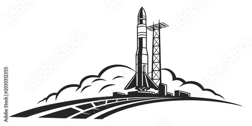 Foto Space launch vehicle liftoff vector illustration with gantry tower exploration a
