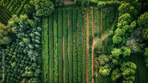 Aerial View of Lush Green Agricultural Fields Surrounded by Dense Forest.