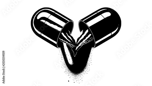 Photos Opened medical capsule releasing powder with black and white health care side ef