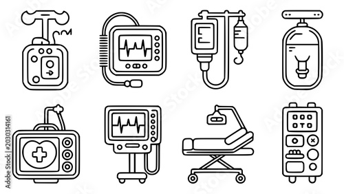 Line art icons of medical devices and patient care equipment with hospital equipment