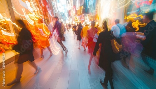 Blurred motion of people walking on a city street at night.