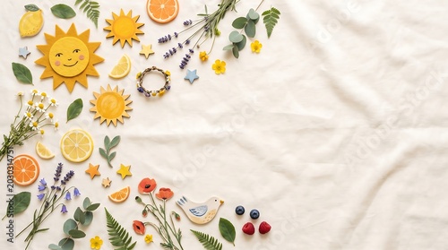 Summer Solstice Flat Lay with Sun Crafts and Fruits