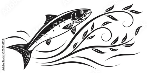 Bild auf Leinwand Graphic illustration of a leaping salmon with stylized water currents wildlife i