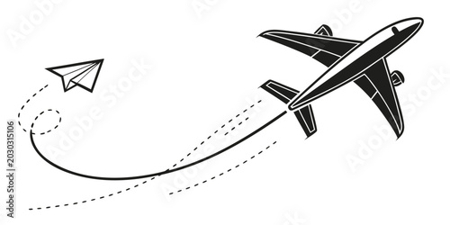 Bild auf Leinwand Passenger jet airliner flying behind paper airplane concept graphic with airplan