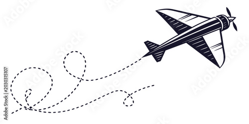 Bild auf Leinwand Vintage propeller airplane flying with decorative dotted flight paths airplane p