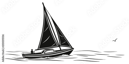 Schilderij op canvas Minimalist black and white graphic of a sailboat on the ocean with a seagull sai