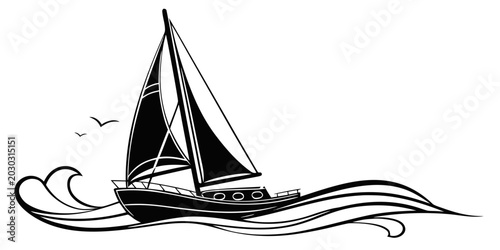 Cuadro en lienzo Stylized black sailboat riding large ocean waves illustration with sailboat naut
