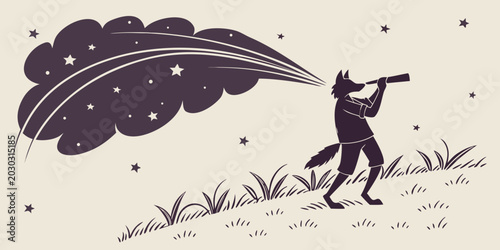 Foto Illustration of an anthropomorphic wolf looking through a telescope at a magical