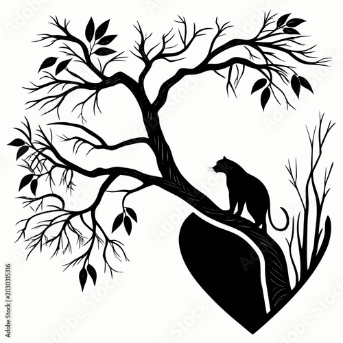 Bild auf Leinwand Black silhouette of a panther sitting on a heart shaped tree branch with silhoue