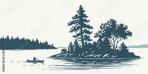 Graphic silhouette illustration of a person paddling a canoe on a calm forest lake with paddling landscape silhouette illustration wilderness adventure recreation transport peaceful outdoors
