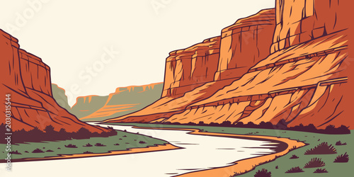 Photos Illustration of a winding river through a deep orange desert canyon with landsca
