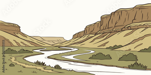 Graphic art depicting a winding river meandering through a plateau landscape with landscape illustration environment formation background wilderness geological artistic