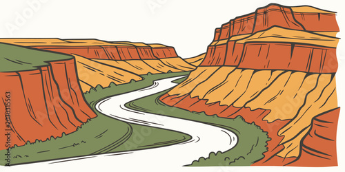 Illustration of winding river flowing through deep canyon with layered rock formations landscape wilderness illustration adventure environment formation sculpted geologic panoramic majestic