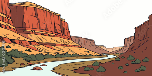 Graphic illustration of winding river in vast desert canyon with landscape wilderness illustration adventure formation majestic southwest sculpted dramatic environment