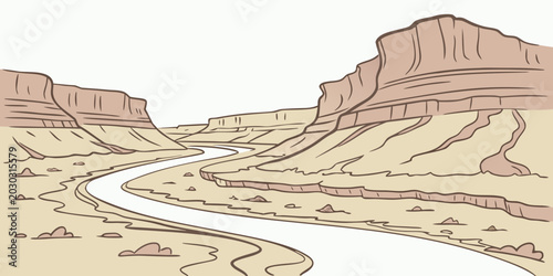 Minimalist graphic illustration of desert canyon river in monochromatic sepia tones with landscape minimalist monochromatic illustration adventure formation majestic sculpted dramatic