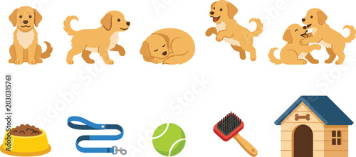 Bild auf Leinwand Cute Golden Retriever Puppy Activity Collection Vector Illustration Featuring Pl