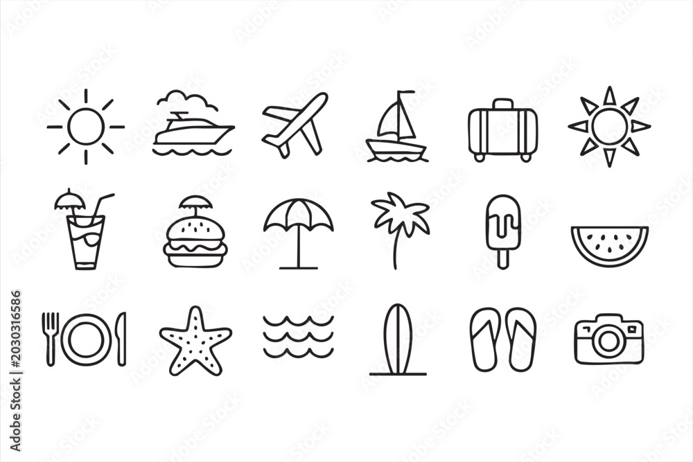 Fototapeta premium Summer holiday icons with beach elements, travel symbols and tourism graphics