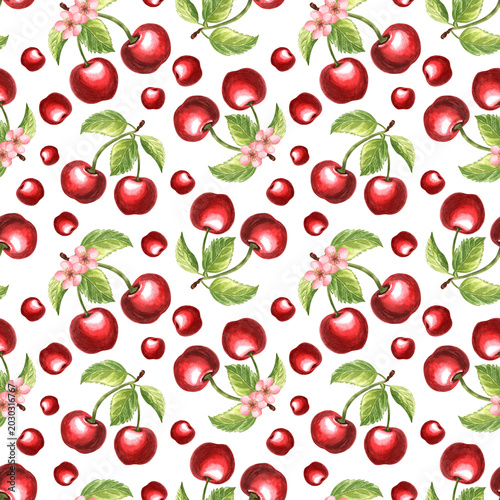 Red cherry watercolor seamless pattern. Summer fruit hand draw print for textile and papers design. Red berries background for wallpaper and wrapping. Trendy girly printable fabric for babies clothing