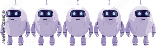 Photography Cute futuristic ai robot character vector set featuring five identical white ova