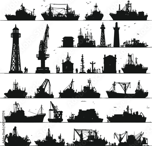 Set of city skyline silhouettes with ships boats and waterfront buildings vector illustration