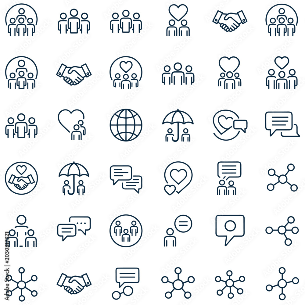 Fototapeta premium Community and social network icons with handshake and chat symbols.