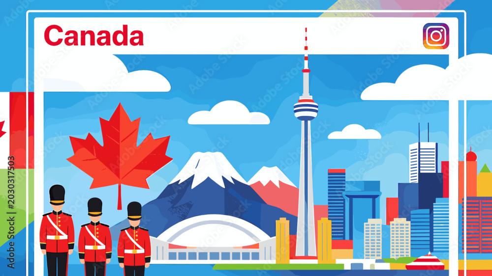 Naklejka premium Stylized illustration of Canada featuring iconic landmarks like the CN Tower, a maple leaf, and guards in red uniforms against a vibrant blue sky.