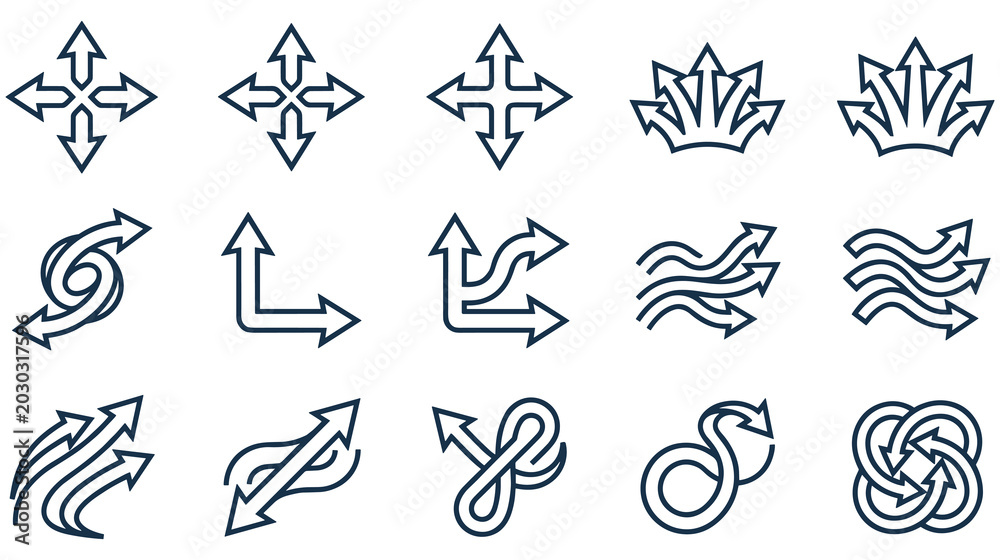Fototapeta premium Arrow signs and direction symbols with abstract shapes and curves.