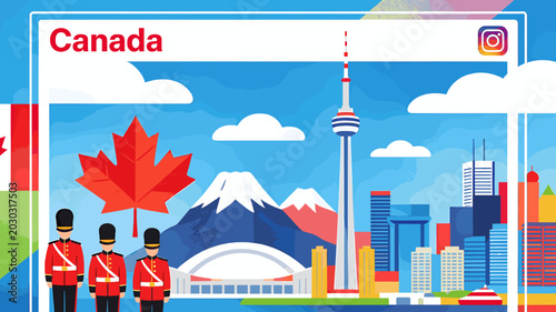 Fotografija Stylized illustration of Canada featuring iconic landmarks like the CN Tower, a maple leaf, and guards in red uniforms against a vibrant blue sky