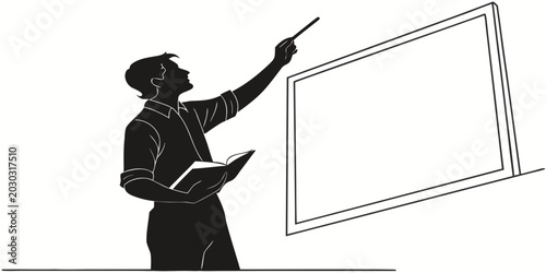 Foto Teacher pointing at whiteboard with open book in hand education classroom learni