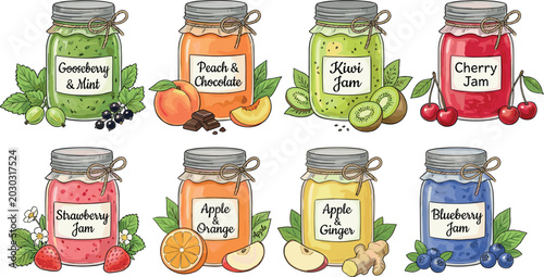 Konstfotografi Fruit jam glass jars vector set featuring hand drawn strawberry cherry blueberry