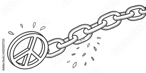 Fotografie Breaking a chain with a peace sign symbol hand drawn anti war breaking strength