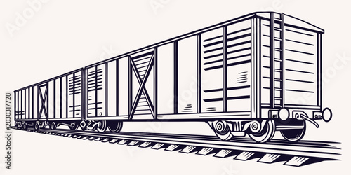 Photos Detailed black and white line art illustration of a long freight train with mult
