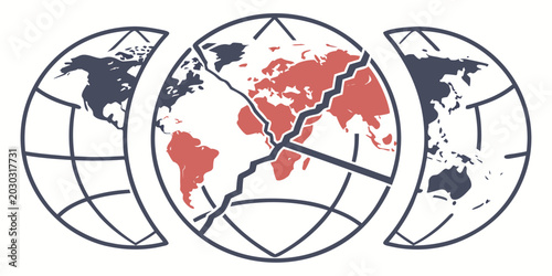 Bild auf Leinwand Cracked world globe divided into three sections with world wide separation inter