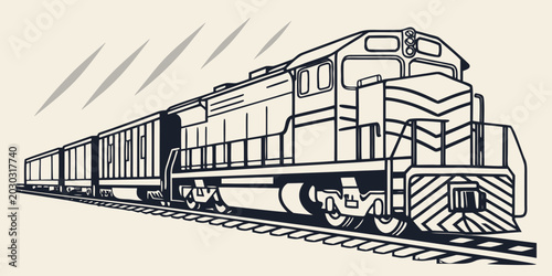 Konstfotografi Clean line art illustration of a powerful modern diesel locomotive pulling long