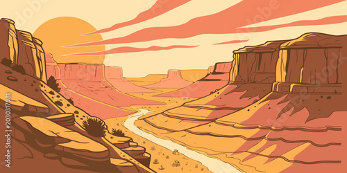 Foto Grand canyon sunset landscape illustration with winding river and layered rock f