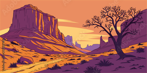 Foto Stylized southwest desert illustration with large mesa rock formation and bare t