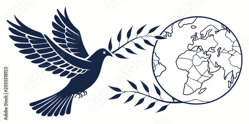 Foto Silhouette of a peace dove flying with an olive branch towards a globe represent