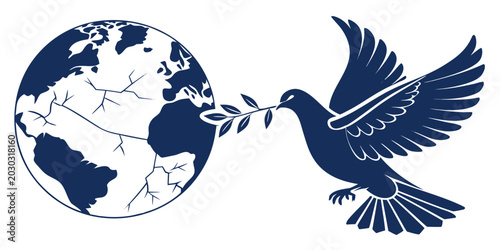 Bild auf Leinwand Silhouette of a dove carrying an olive branch towards a planet earth globe as a