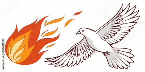 Fotografía Flying white dove and separate ball of flames symbol of peace and holy spirit ve